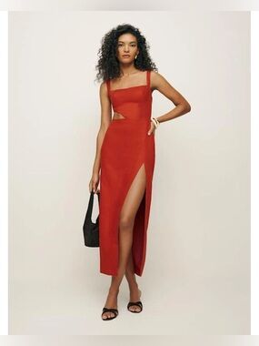 Reformation Satori 100% Linen Dress Chili Red Orange Size 0 Eveningwear Elegant